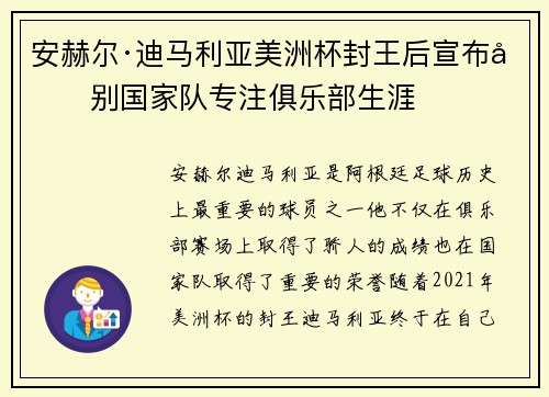安赫尔·迪马利亚美洲杯封王后宣布告别国家队专注俱乐部生涯 安赫尔·迪马利亚美洲杯封王后宣布告别国家队专注俱乐部生涯
