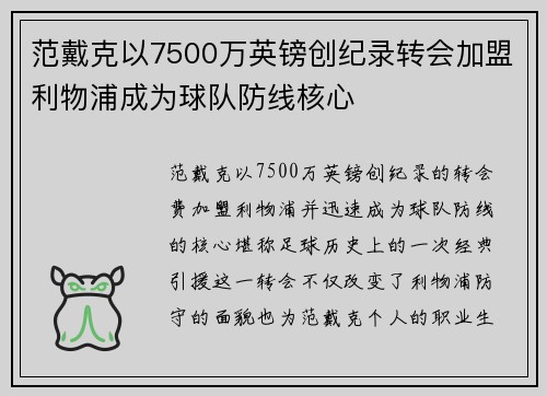 范戴克以7500万英镑创纪录转会加盟利物浦成为球队防线核心 范戴克以7500万英镑创纪录转会加盟利物浦成为球队防线核心