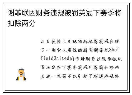 谢菲联因财务违规被罚英冠下赛季将扣除两分 谢菲联因财务违规被罚英冠下赛季将扣除两分